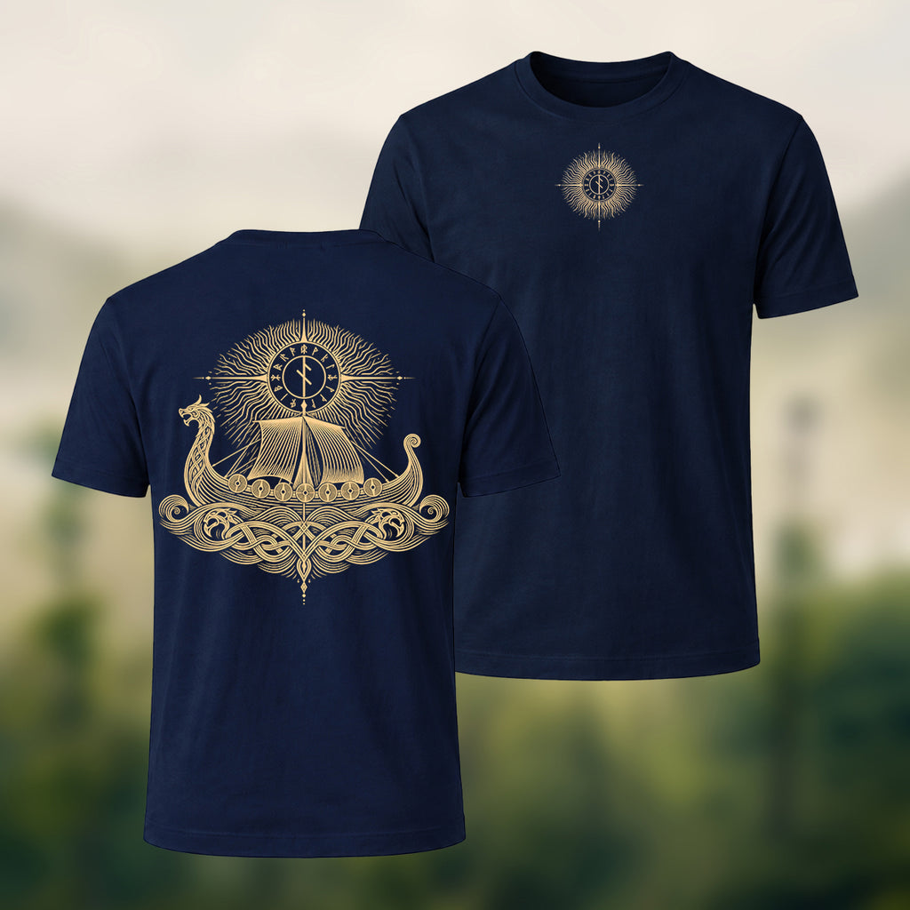 Viking Longship Print Casual Cotton T-Shirt Navy