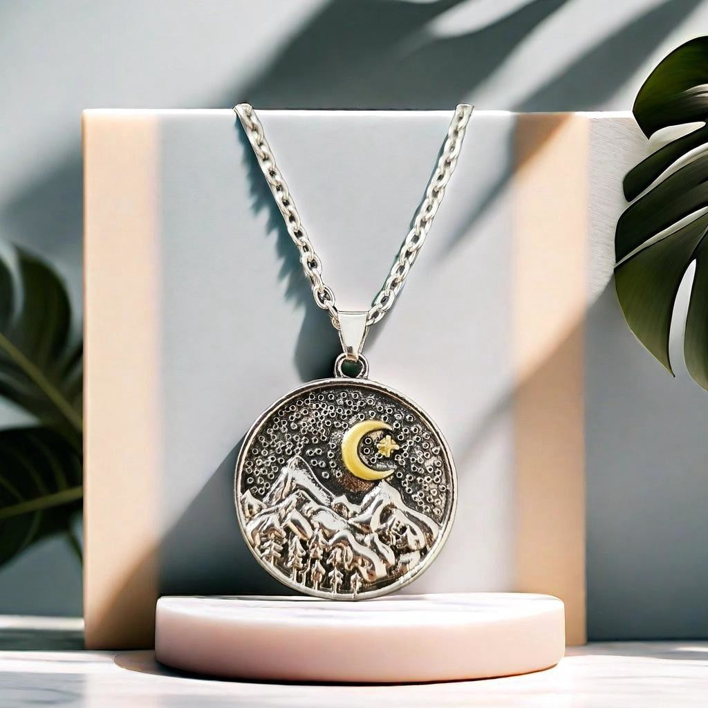 Mountains Forests and the Moon Round Pendant Necklace