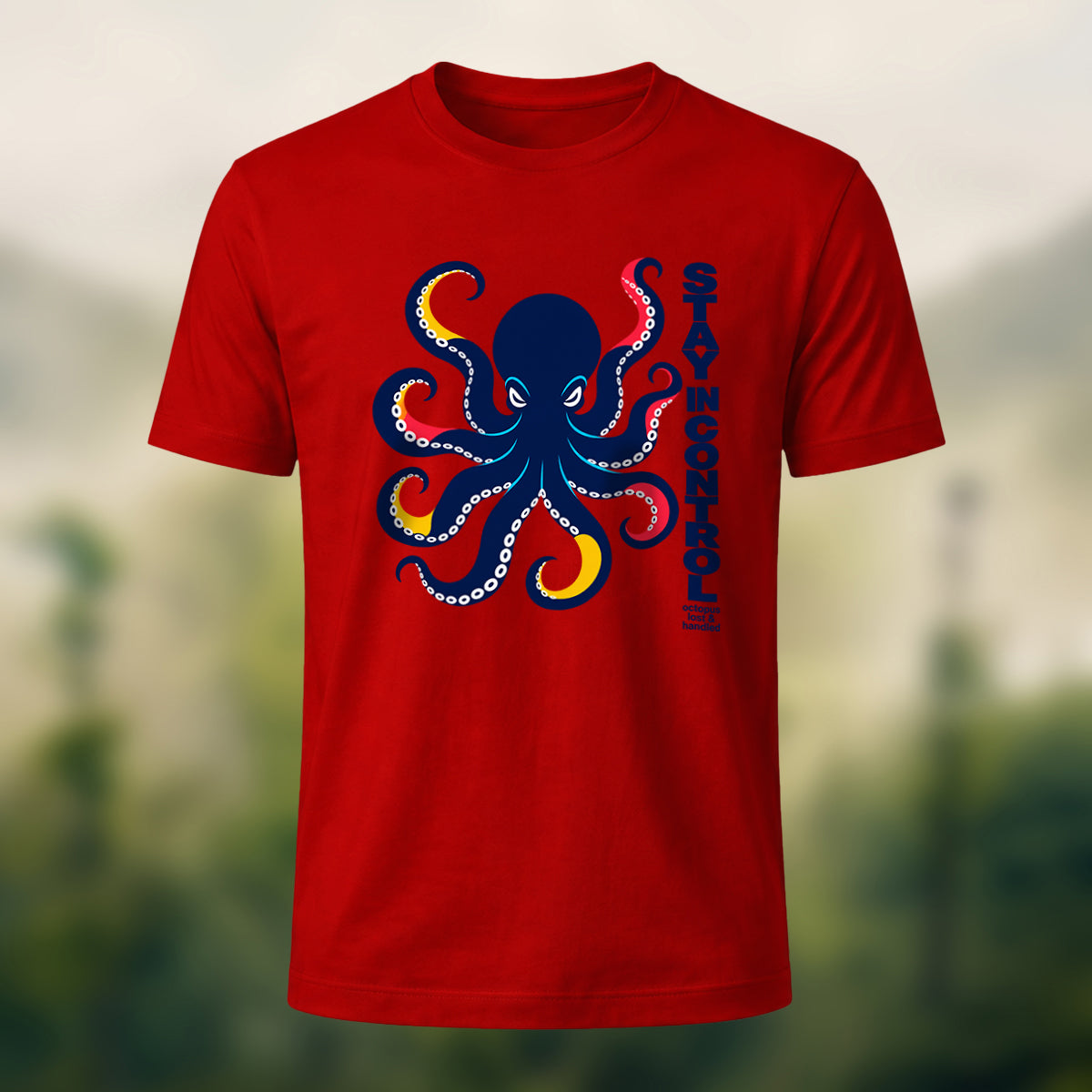 Artistic Oceanic Octopus Soft Cotton T-Shirt Red