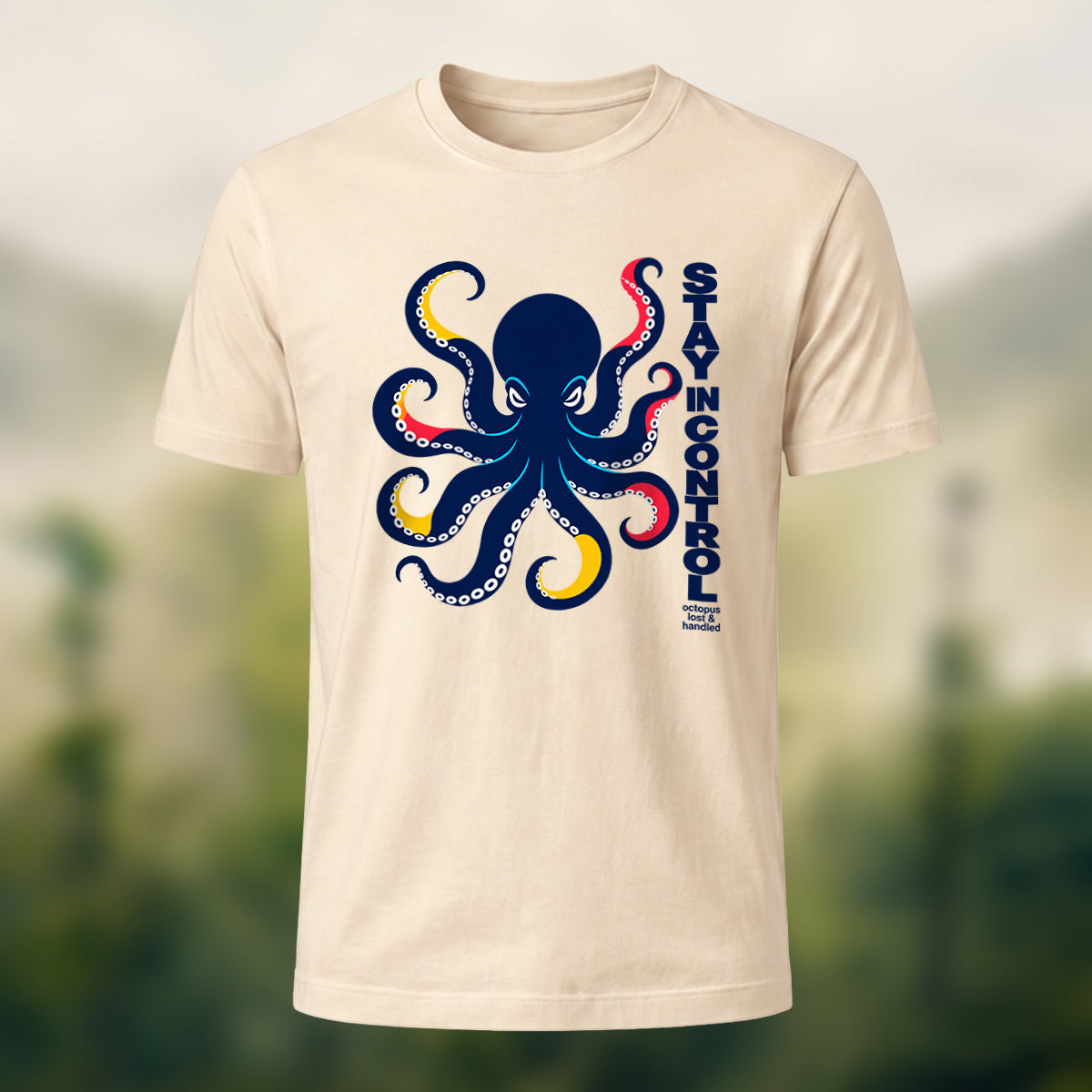 Artistic Oceanic Octopus Soft Cotton T-Shirt Beige