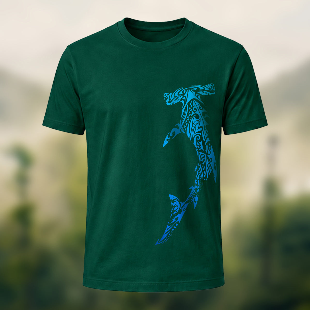 Tribal Shark Print Casual Cotton T-Shirt Forest Green