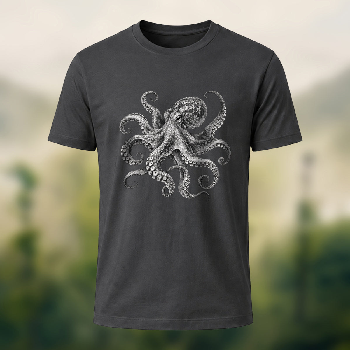 DTG Vintage Marine Illustration Combed Cotton T-Shirt Charcoal