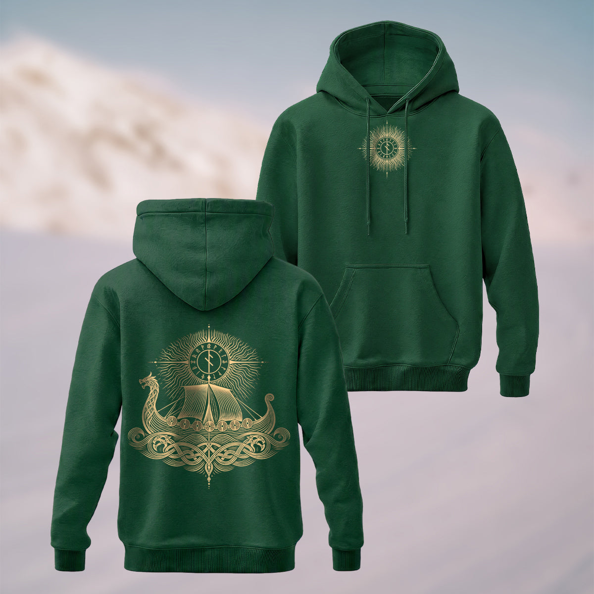 Cotton Made Norse Viking Longship Hoodie Forest Green