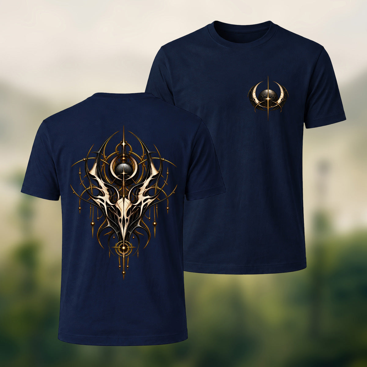 Ornate Gothic Emblem Premium Cotton T-Shirt Navy