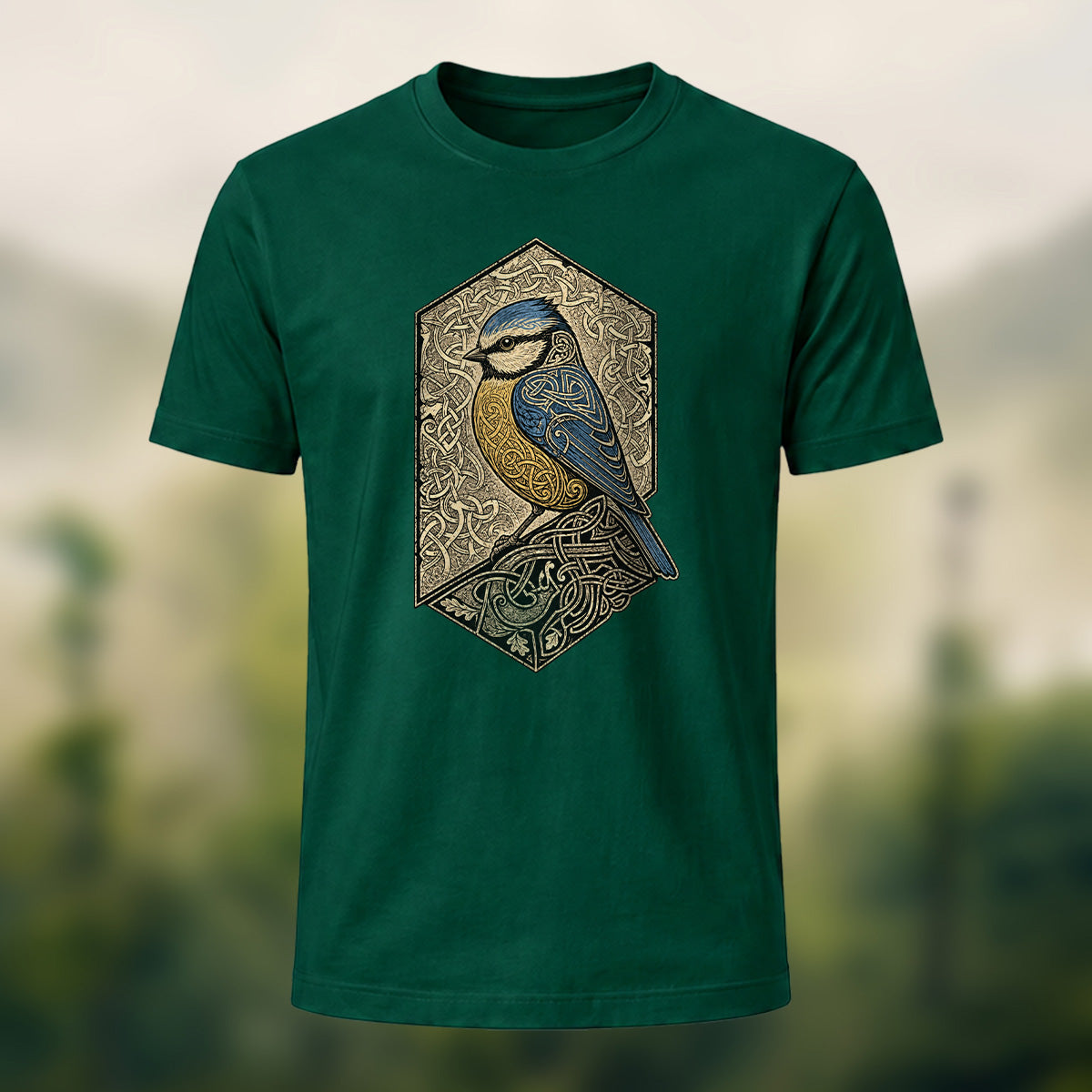 Mystical Celtic Bird Premium Cotton T-Shirt Forest Green