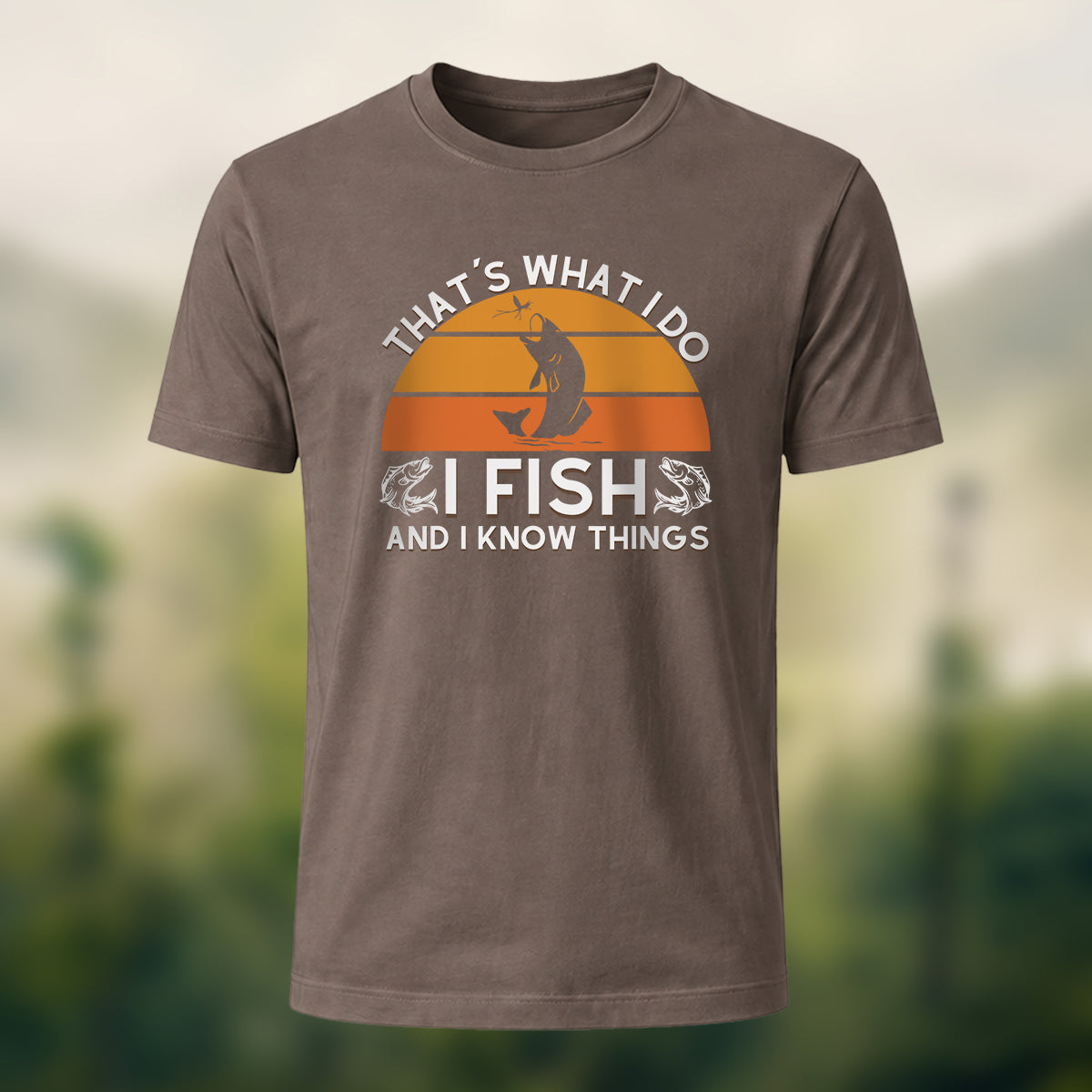 Retro Outdoor Fishing Print Casual Cotton T-Shirt Coffee