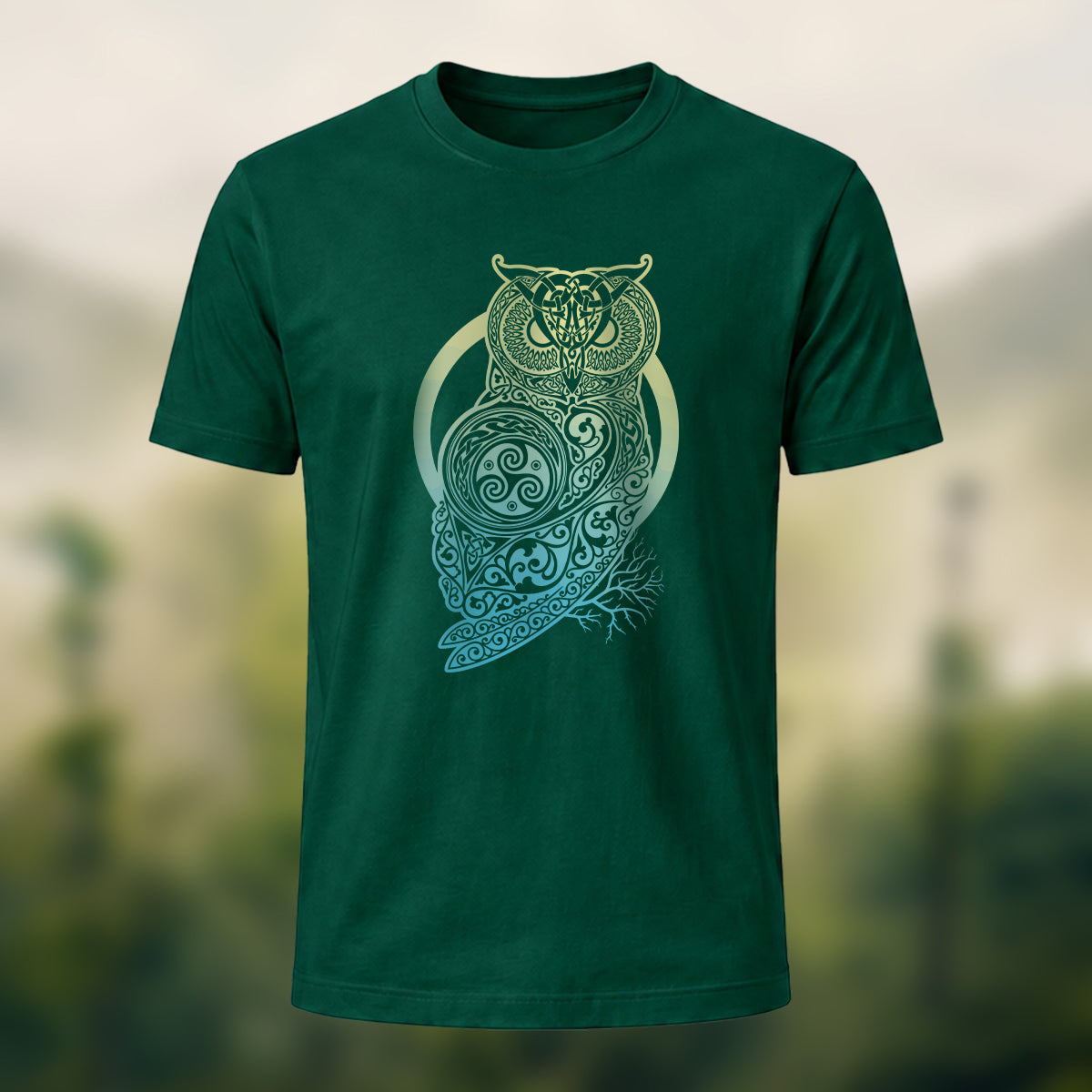 Mysterious Owl Totem Print Casual Cotton T-Shirt Forest Green