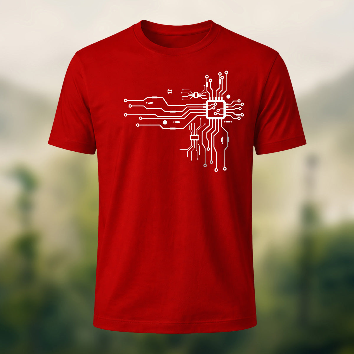 Modern Technical Circuit Premium Cotton T-Shirt Red