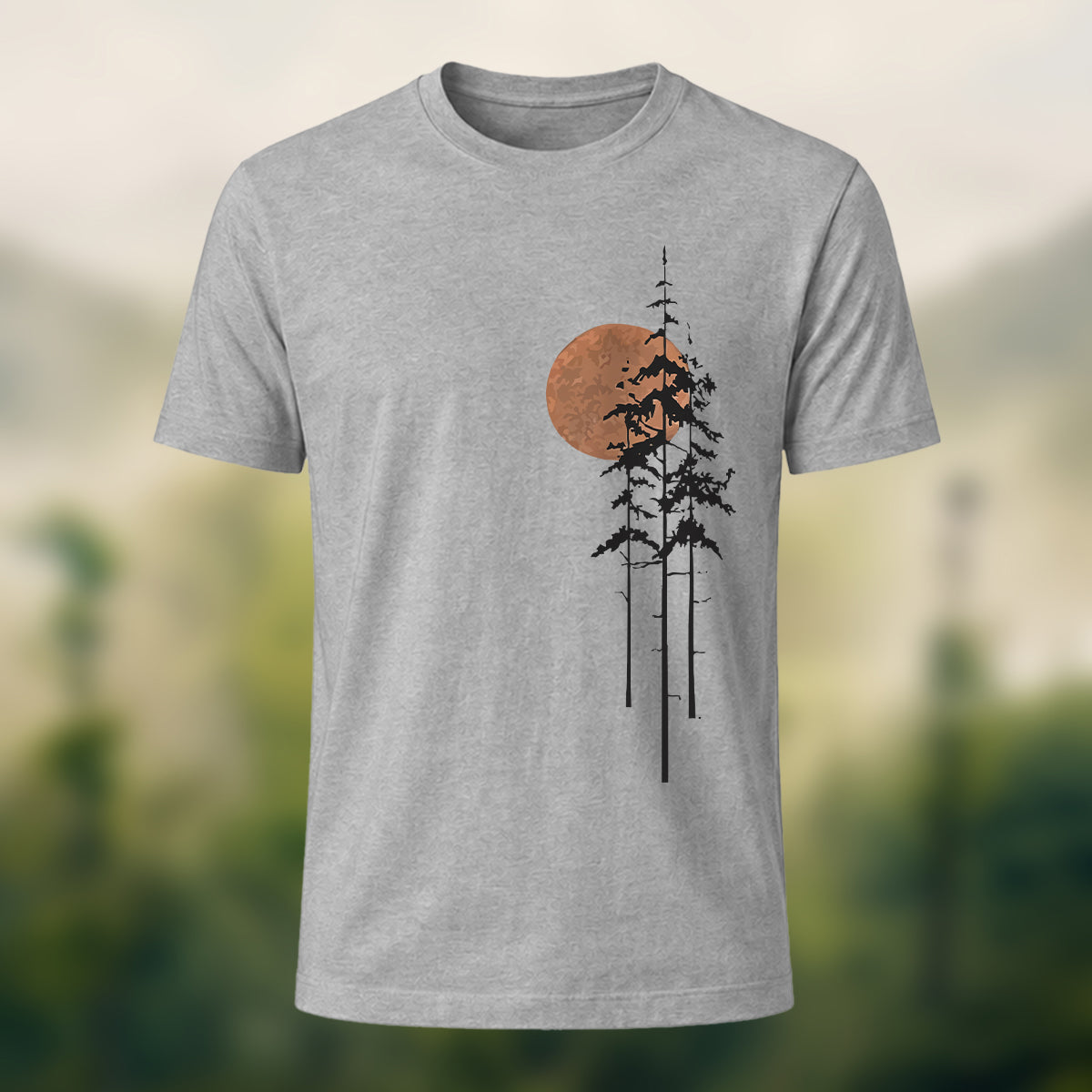 Retro Sunset Pine Tree Print Cotton T-Shirt Heather Grey