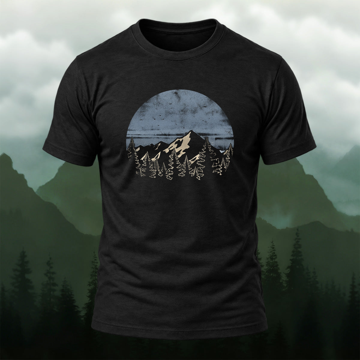 Retro Circular Mountain Forest T-Shirt Black