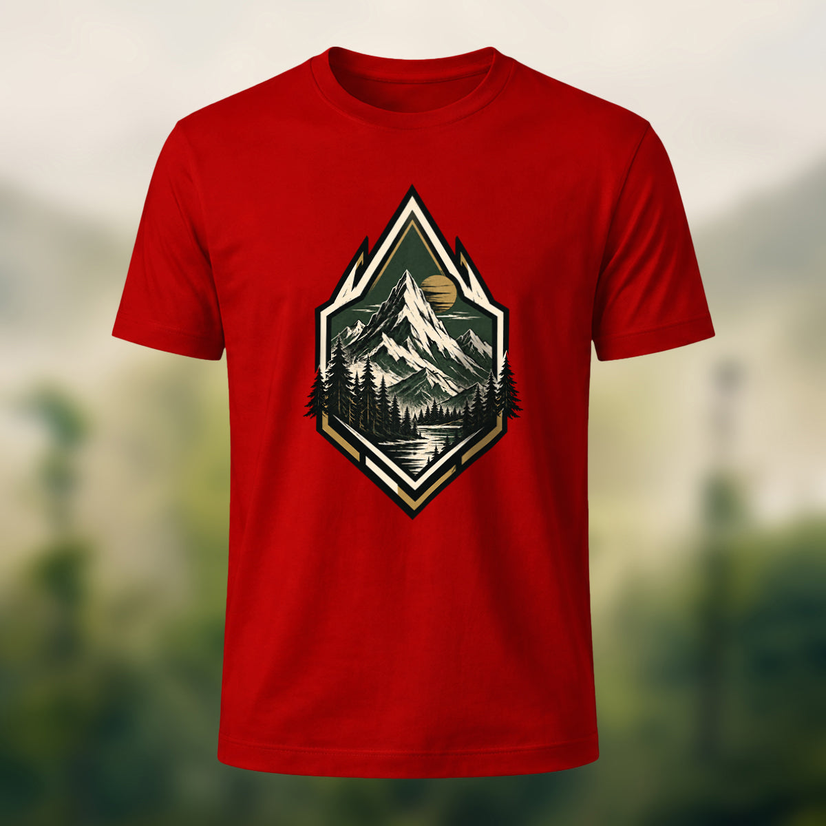 Vintage Wilderness Mountain Badge Cotton T-Shirt Red