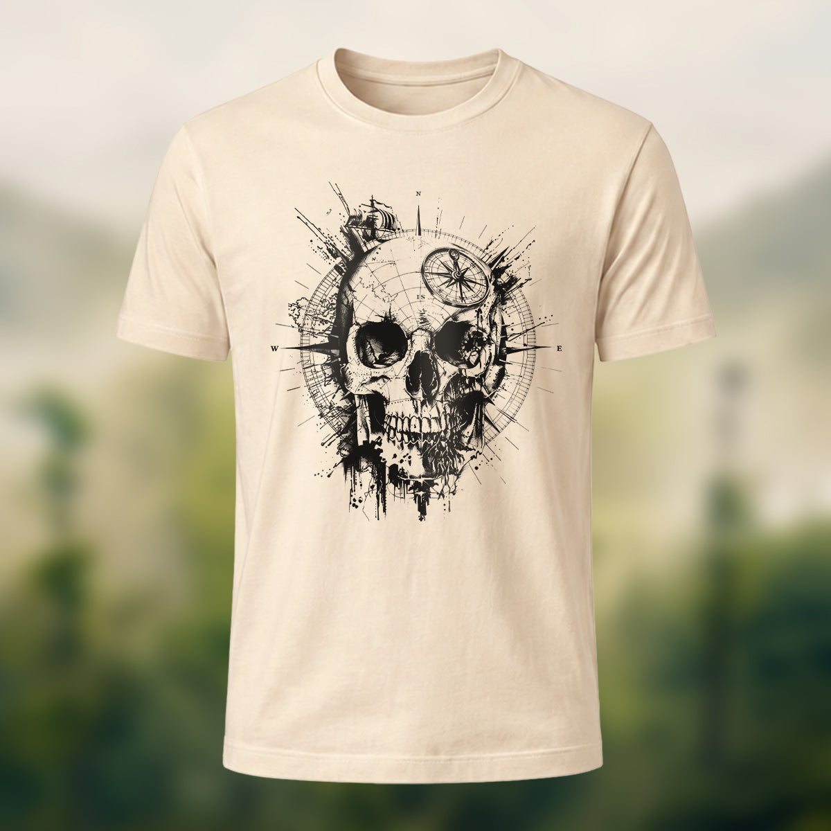 Nautical Gothic Skull Print Casual Soft Cotton T-Shirt Beige