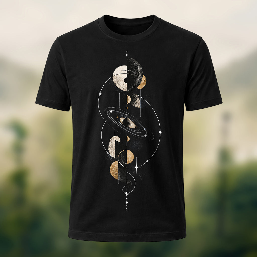 Mystical Geometric Planet Soft Cotton T-Shirt Black