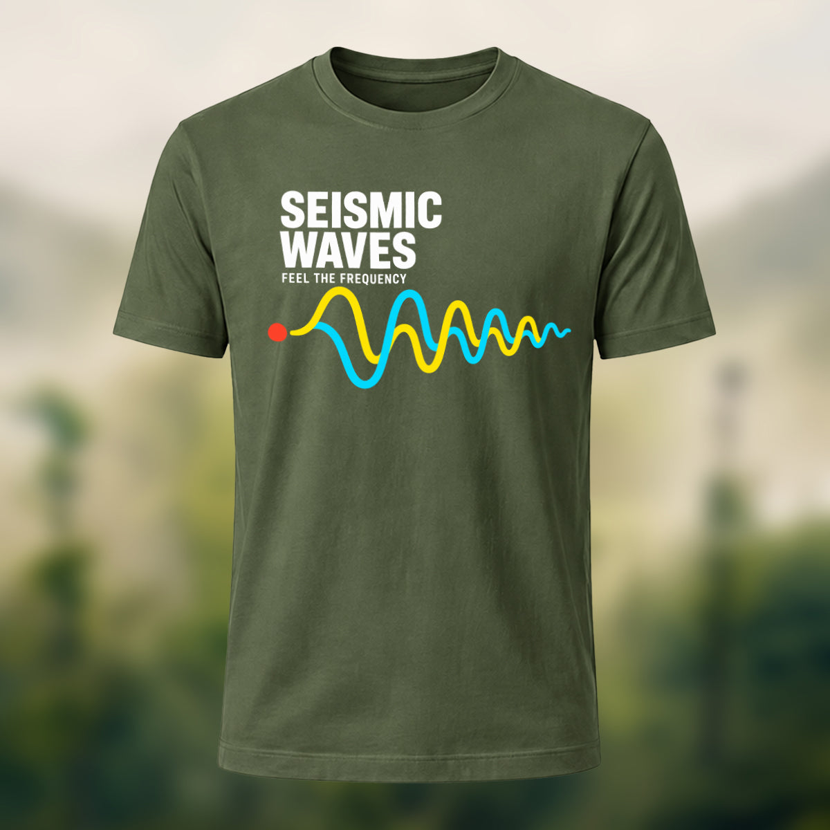 Seismic Waves Print Casual Soft Cotton T-Shirt Olive Green