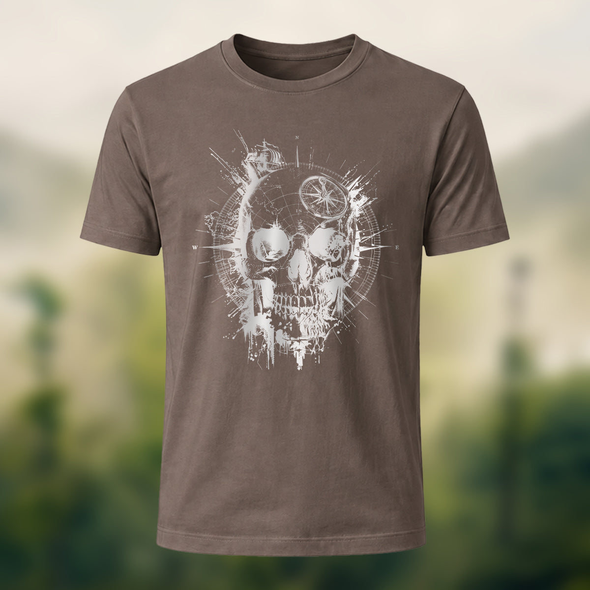Nautical Gothic Skull Print Casual Soft Cotton T-Shirt Coffee