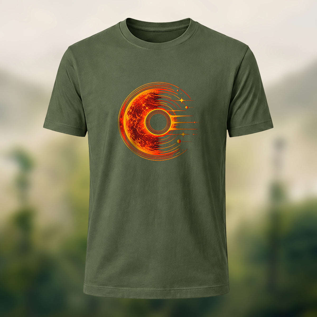 Solar Flare Print Combed Cotton T-Shirt Olive Green