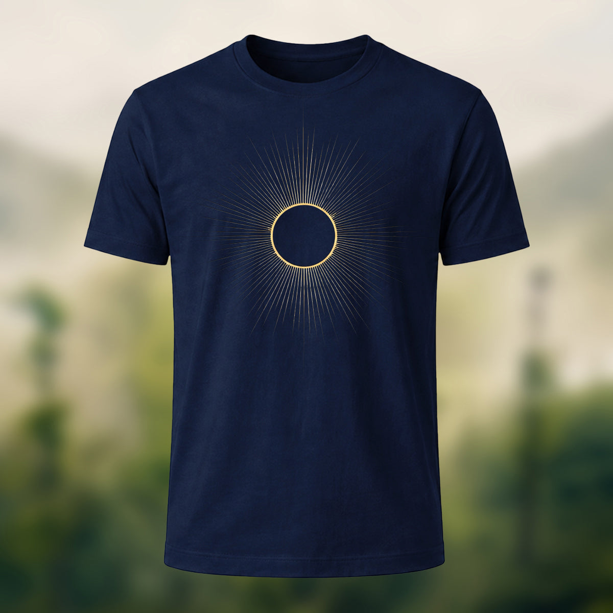 DTG Radiating Sunray Print Print Premium Cotton T-Shirt Navy