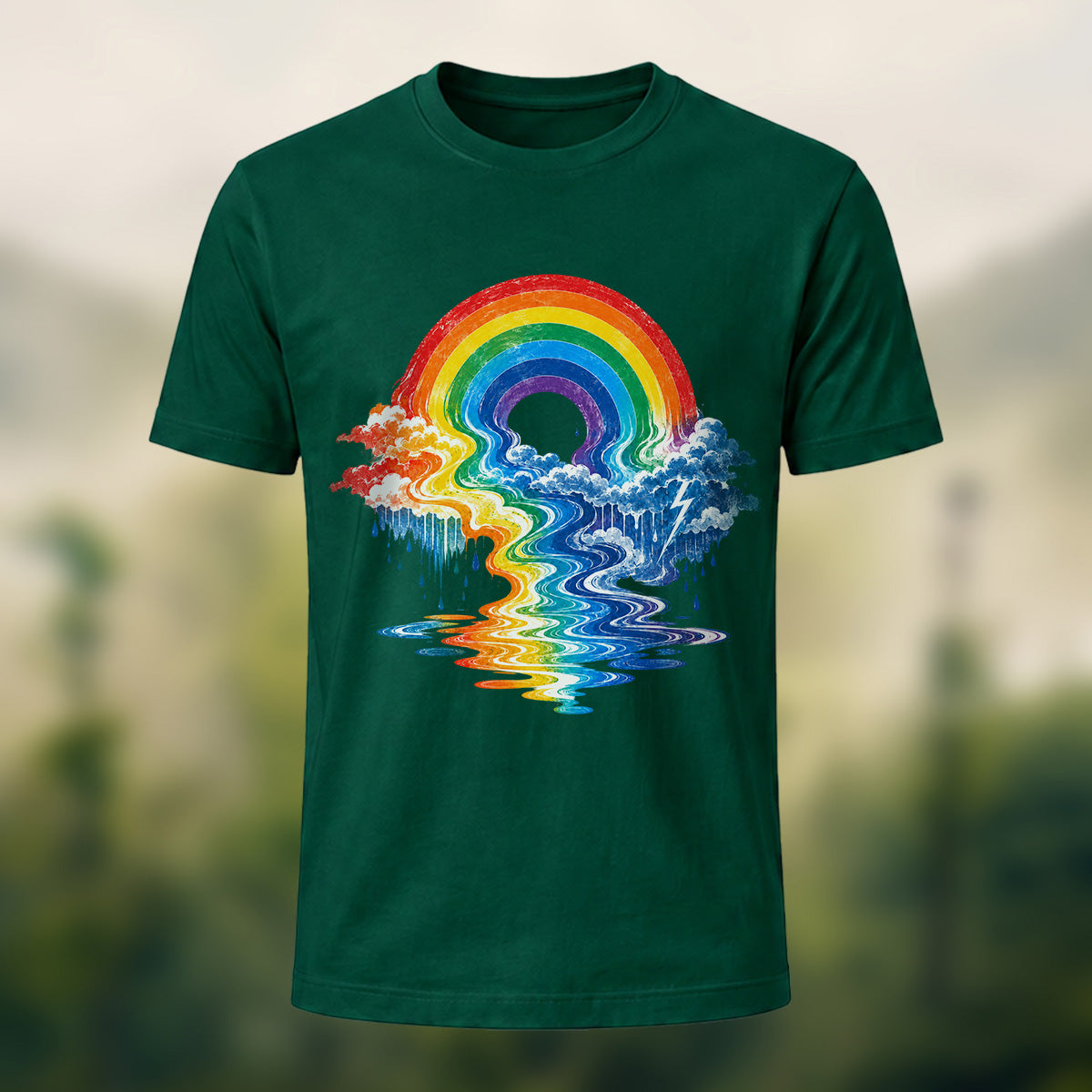 Vivid Rainbow Storm Soft Cotton T-Shirt Forest Green
