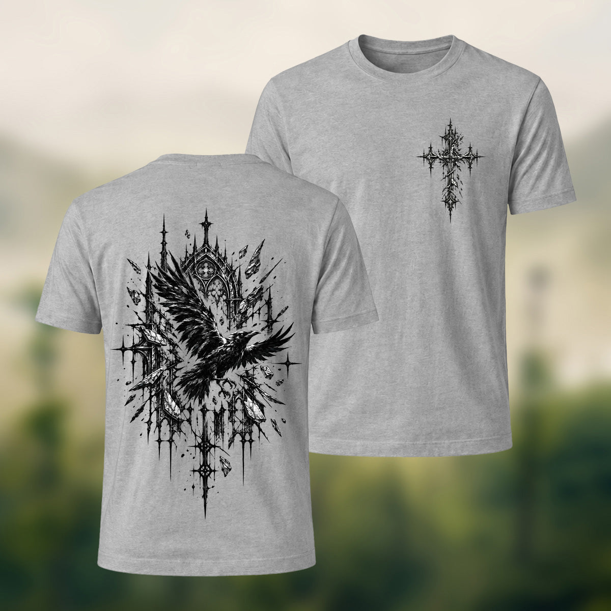 Mystical Gothic Raven Premium Cotton T-Shirt Heather Grey