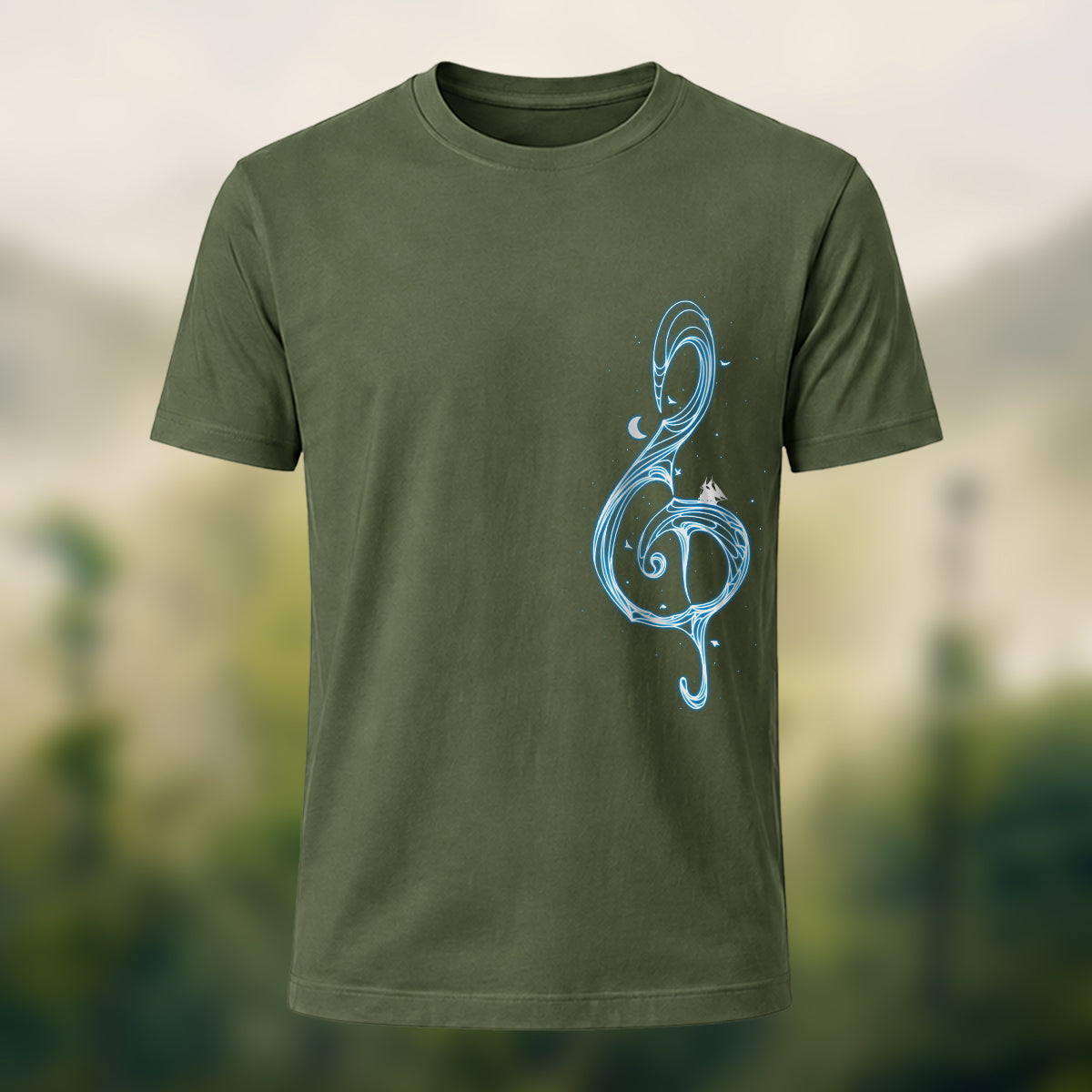 Musical Note Print Casual Soft Cotton T-Shirt Olive Green