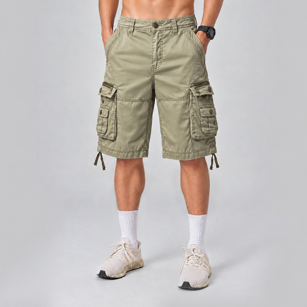 Relaxed Fit Multi-Pocket Cargo Shorts Beige