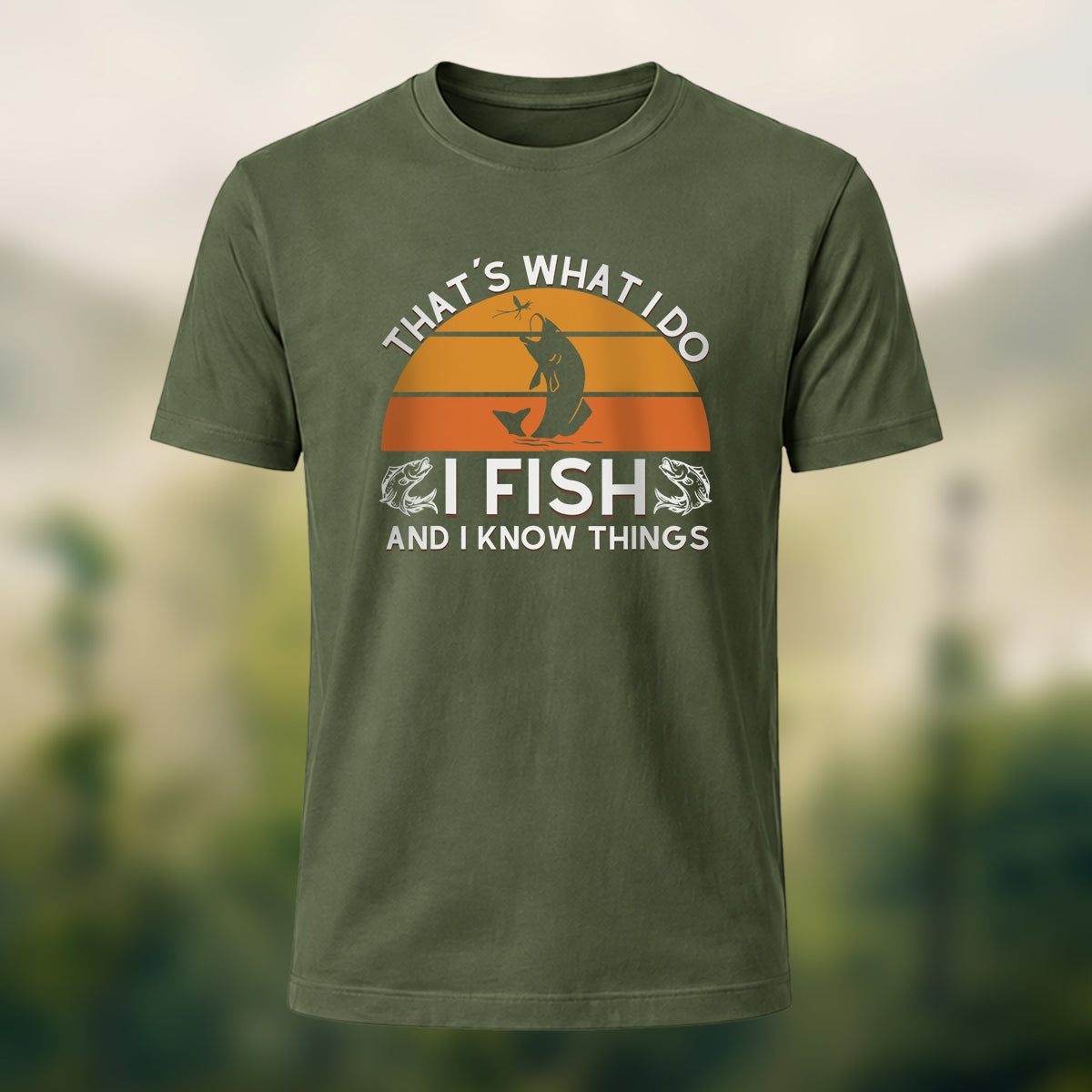 Retro Outdoor Fishing Print Casual Cotton T-Shirt Olive Green