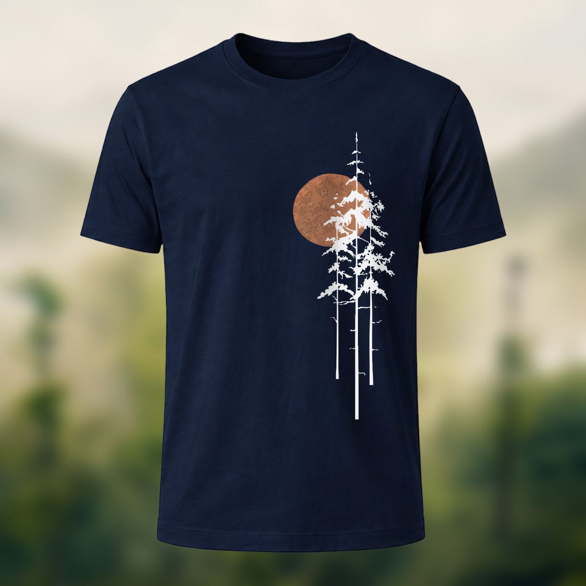 Retro Sunset Pine Tree Print Cotton T-Shirt Navy