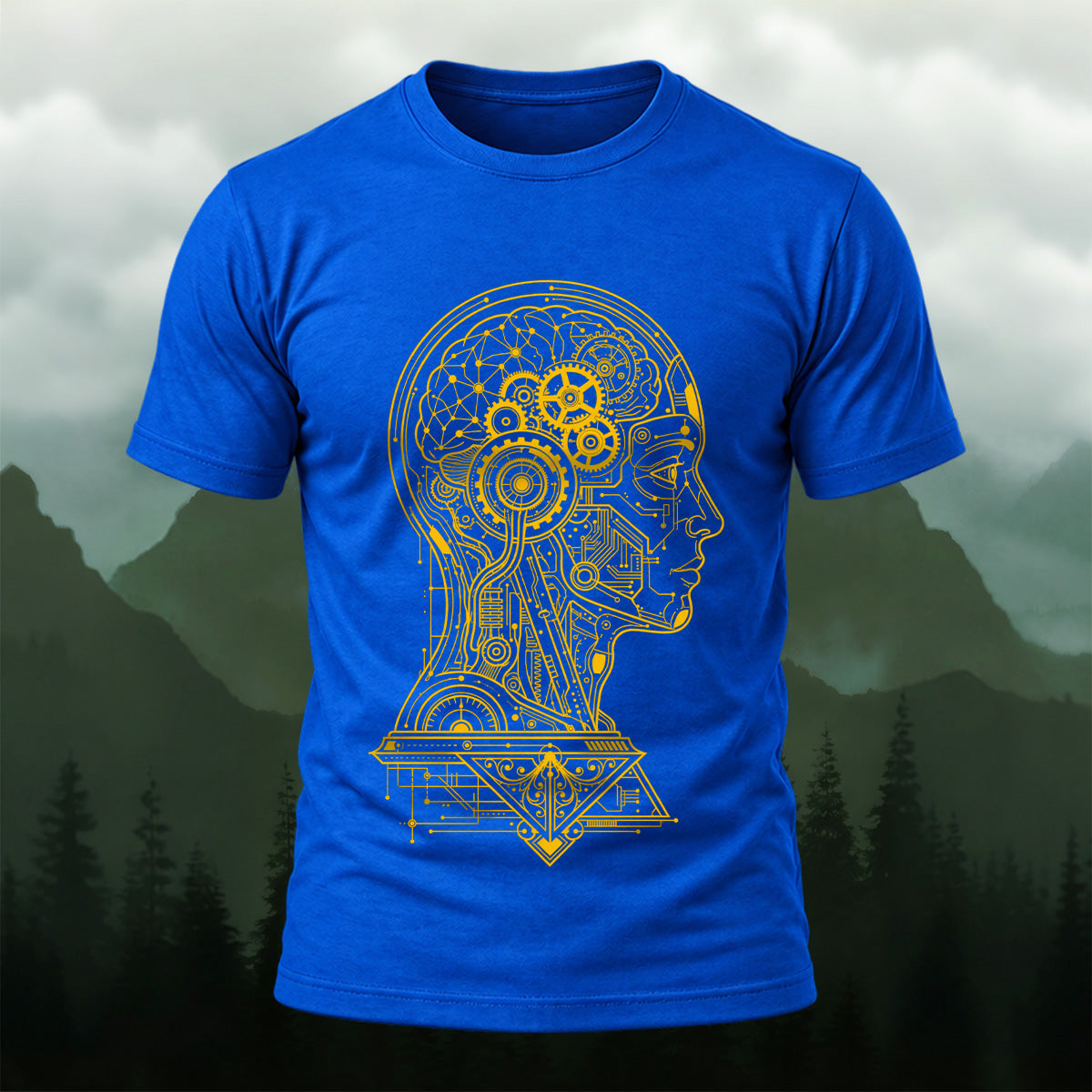 Futuristic Mechanical Brain Combed Cotton T-Shirt Royal Blue