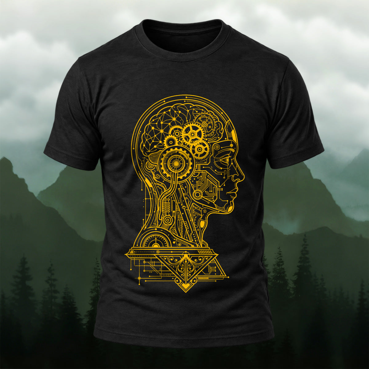 Futuristic Mechanical Brain Combed Cotton T-Shirt Black