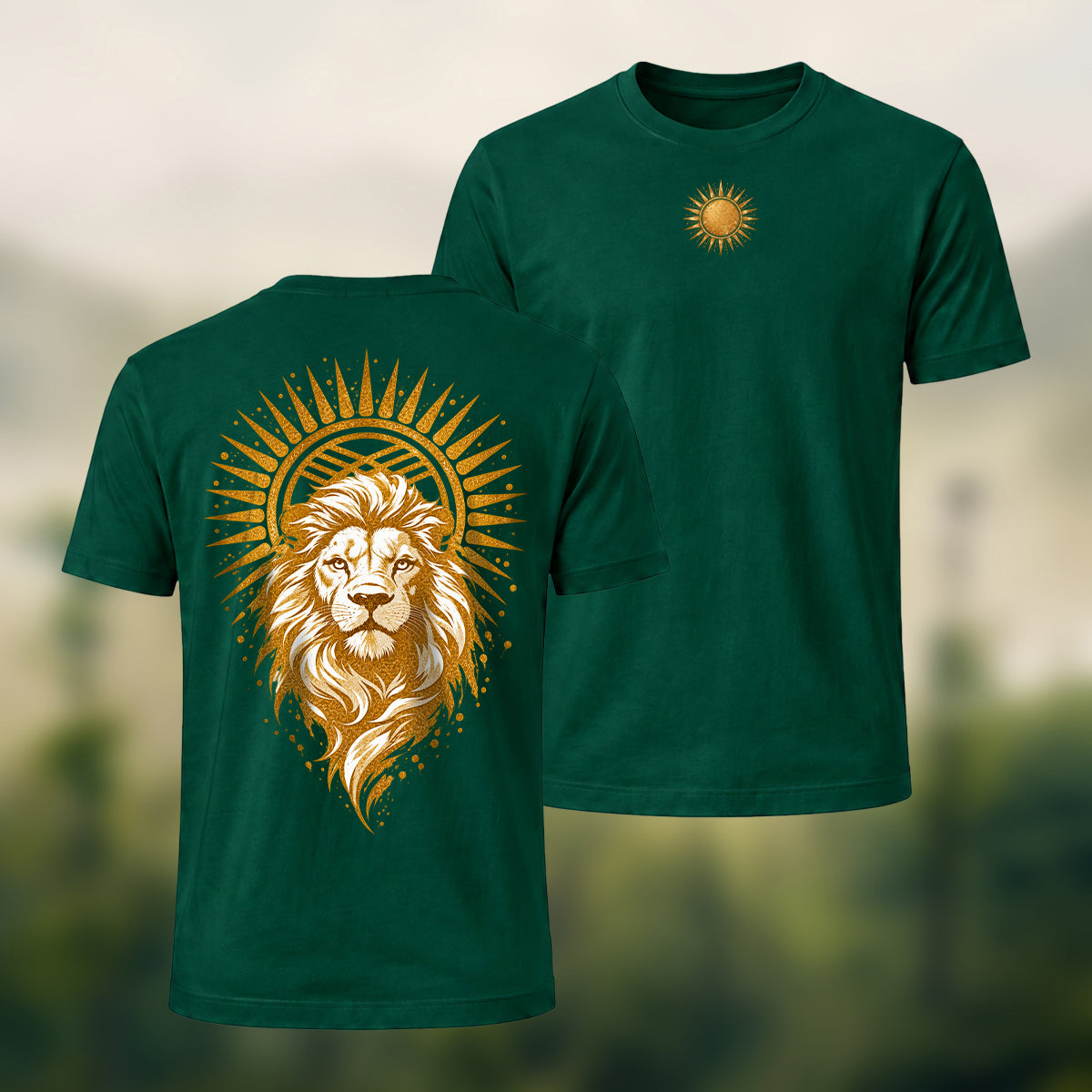 Golden Lion Medallion Print Premium Cotton T-Shirt Forest Green