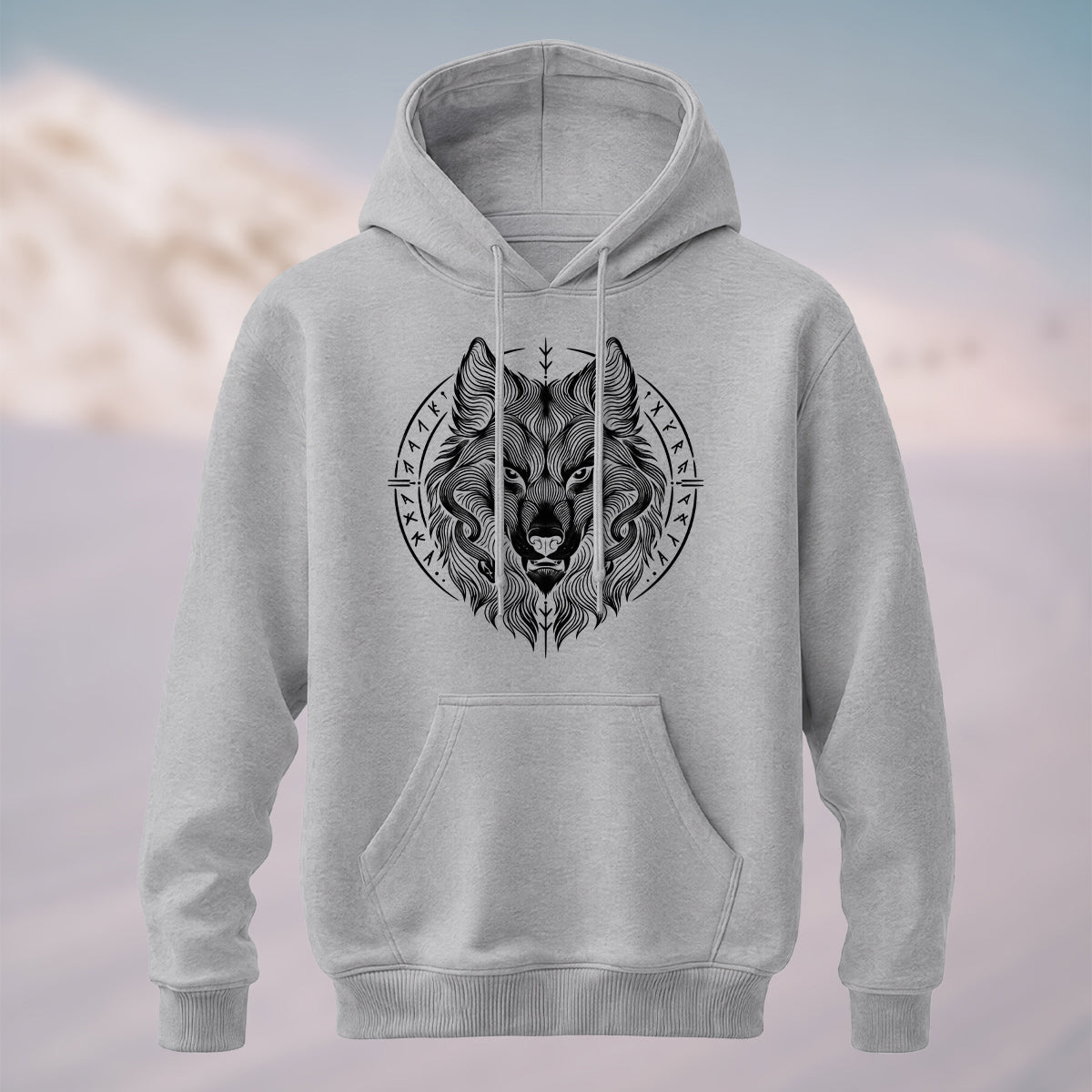 Cotton Made Norse Viking Wolf Hoodie Heather Grey