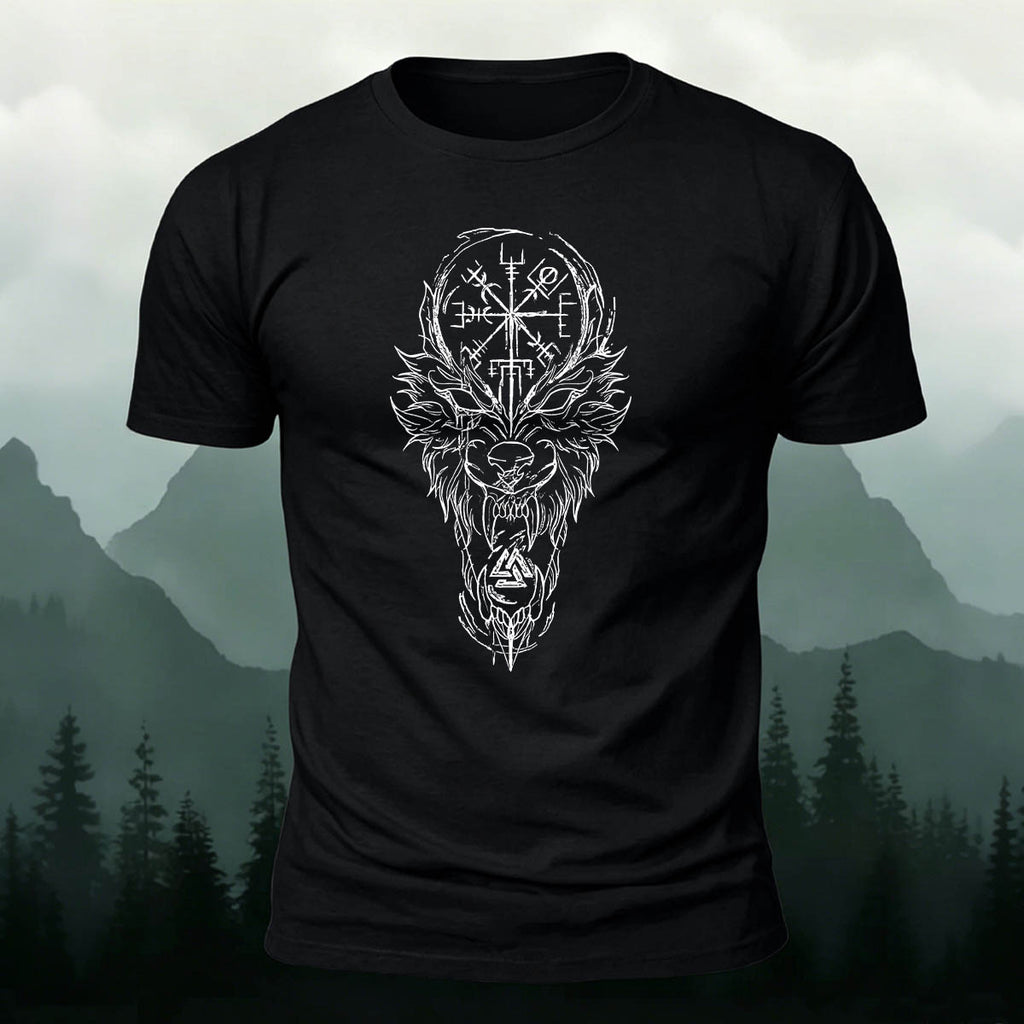 Nordic Wolf Print Casual Soft Cotton T-Shirt Black