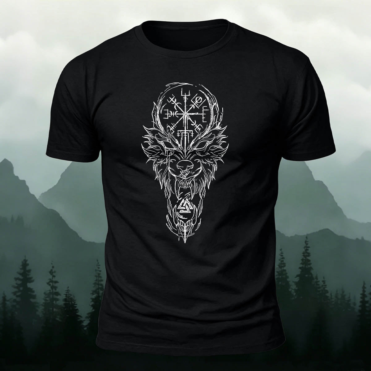 Nordic Wolf Print Casual Soft Cotton T-Shirt Black