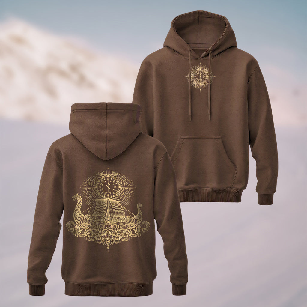 Cotton Made Norse Viking Longship Hoodie Coffee