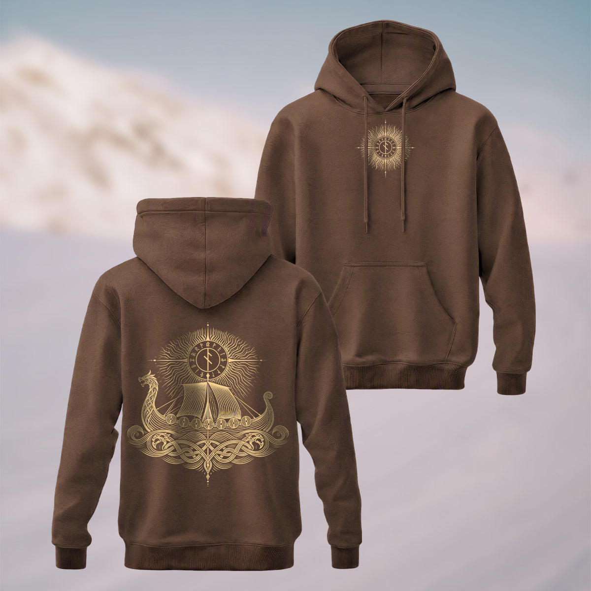 Cotton Made Norse Viking Longship Hoodie Coffee