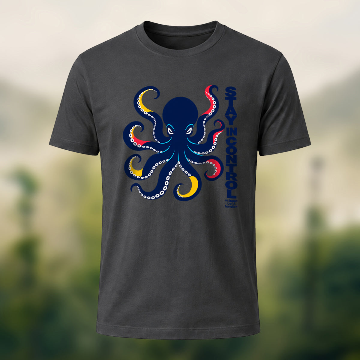 Artistic Oceanic Octopus Soft Cotton T-Shirt Charcoal