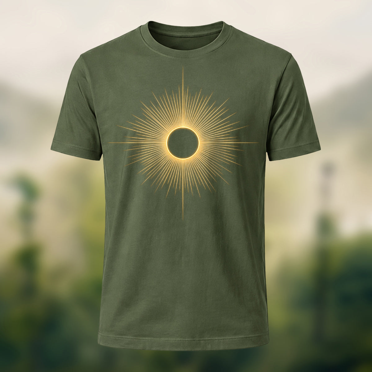 DTG Mystical Solar Ray Print Premium Cotton T-Shirt Olive Green