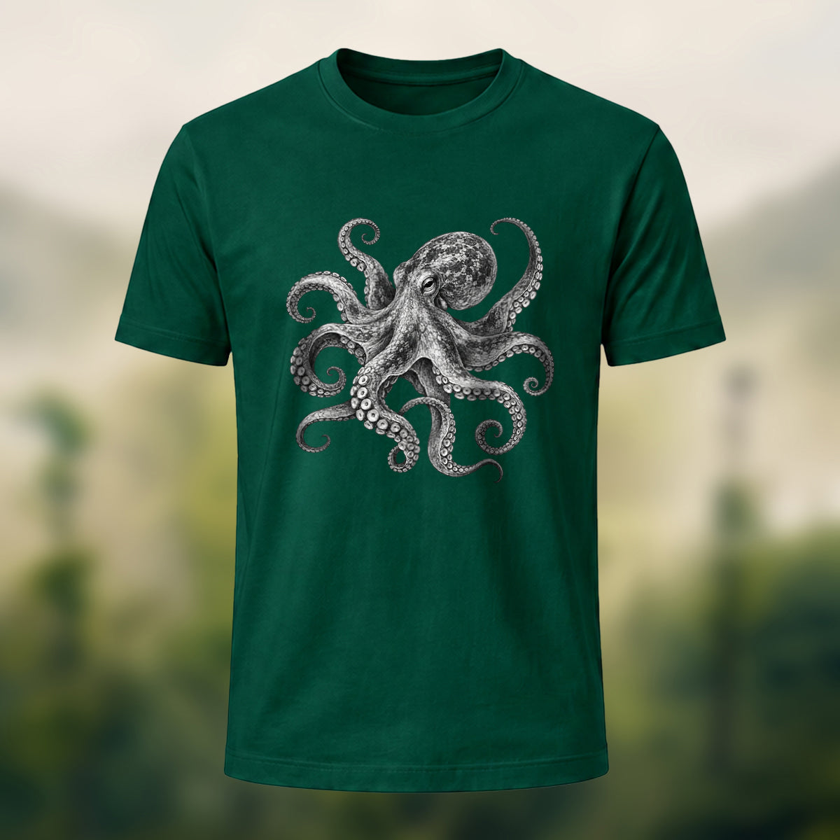 DTG Vintage Marine Illustration Combed Cotton T-Shirt Forest Green