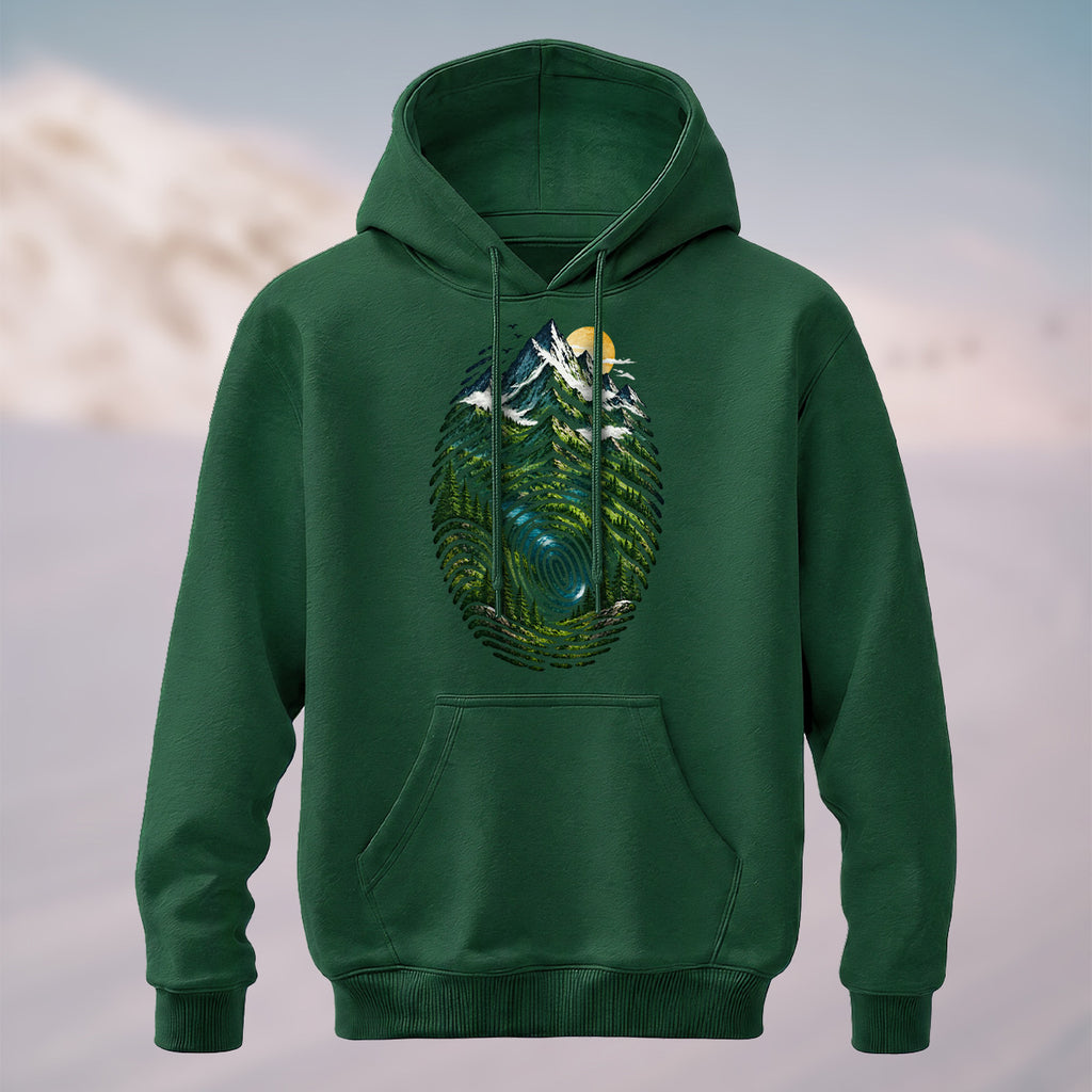 Cotton Made Artistic Mountain Fingerprint Hoodie Forest Green