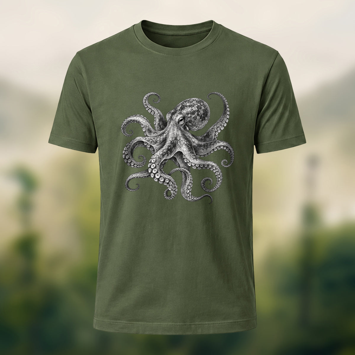 DTG Vintage Marine Illustration Combed Cotton T-Shirt Olive Green