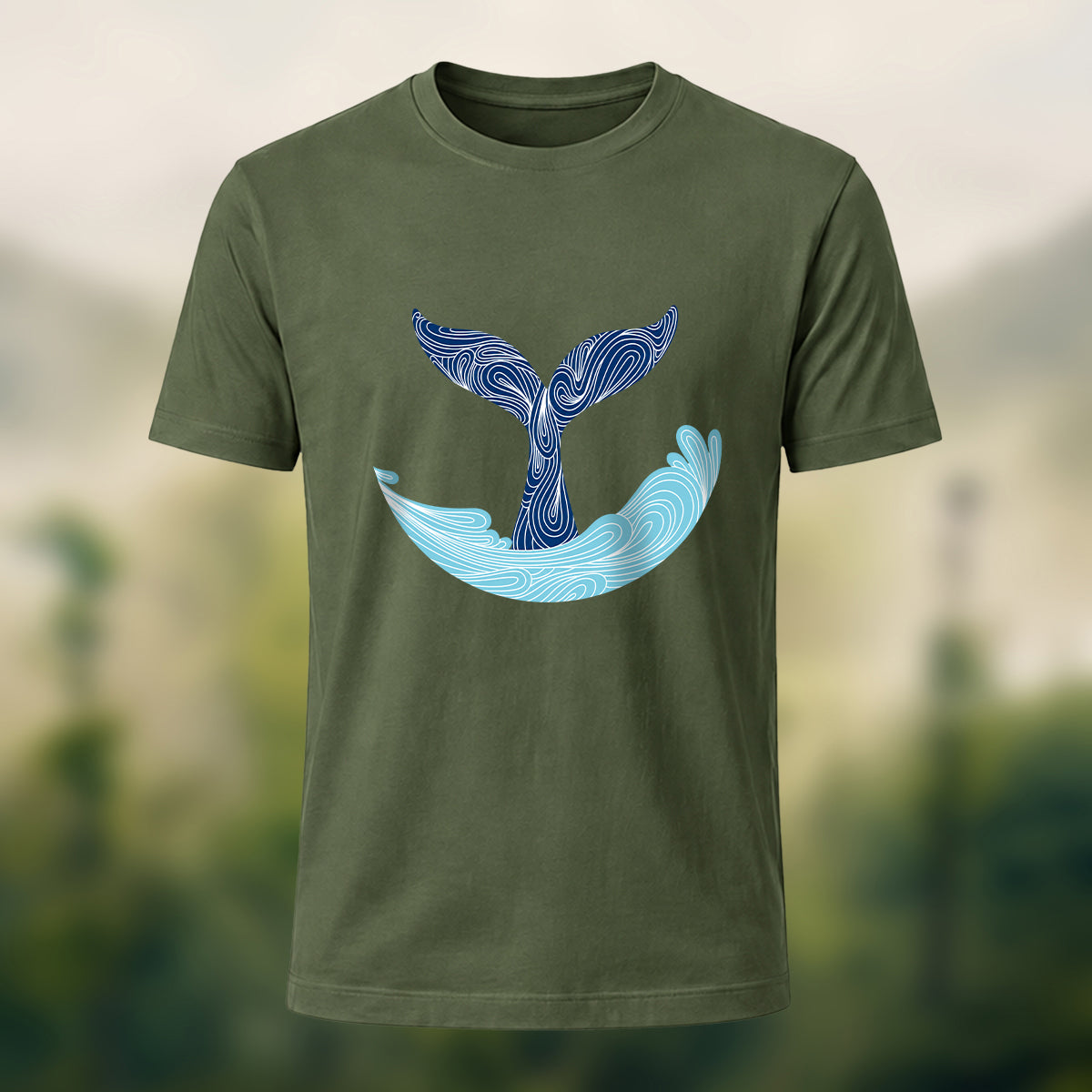 Minimalist Fluid Whale Tail Premium Cotton Tee Olive Green