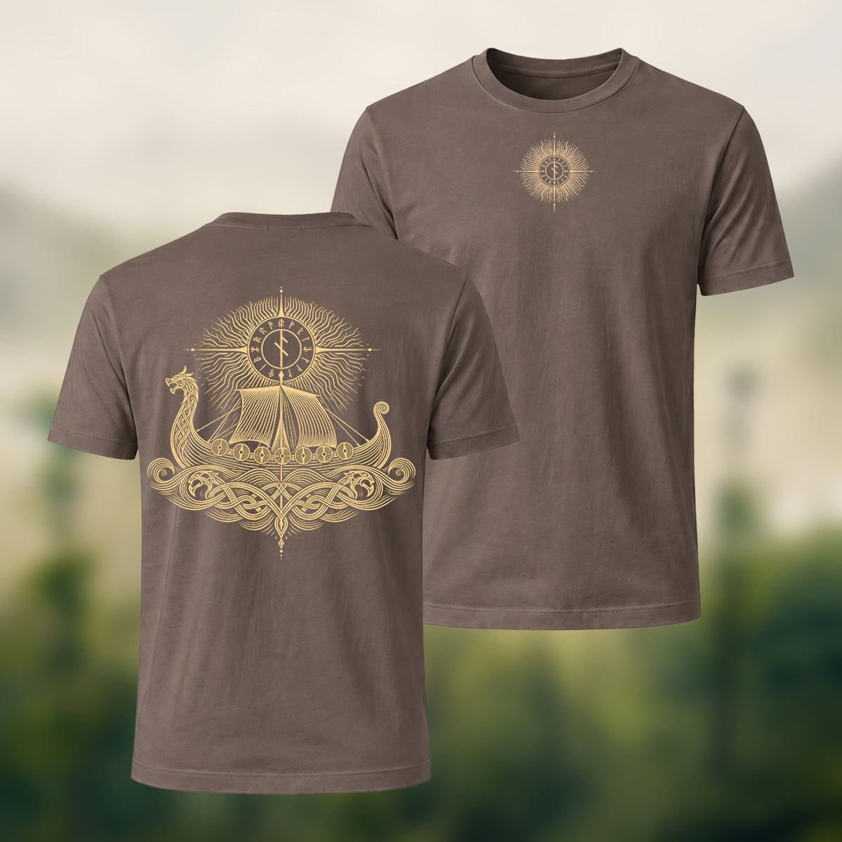 Viking Longship Print Casual Cotton T-Shirt Coffee
