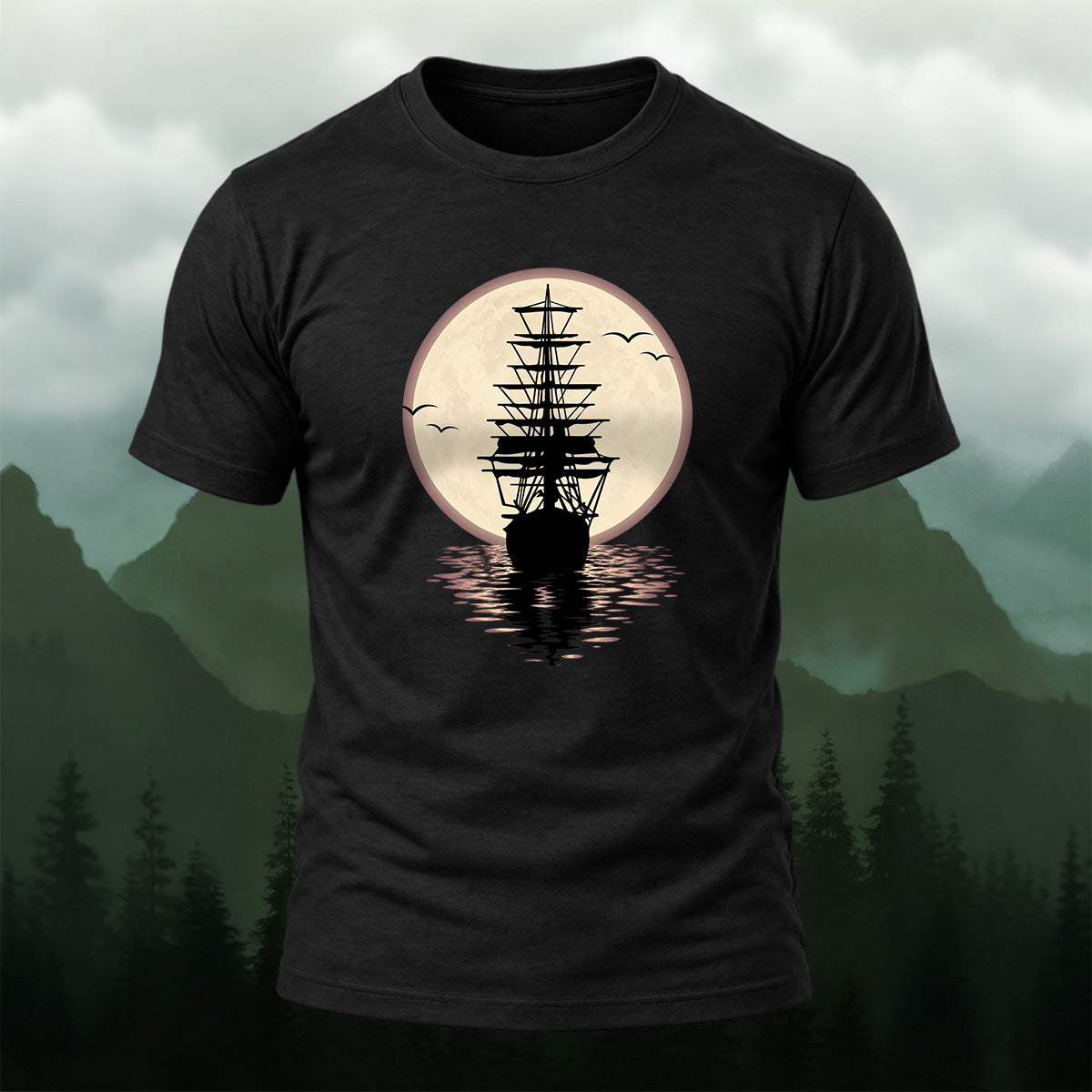 Moonlit Ship Silhouette Combed Cotton T-Shirt Black