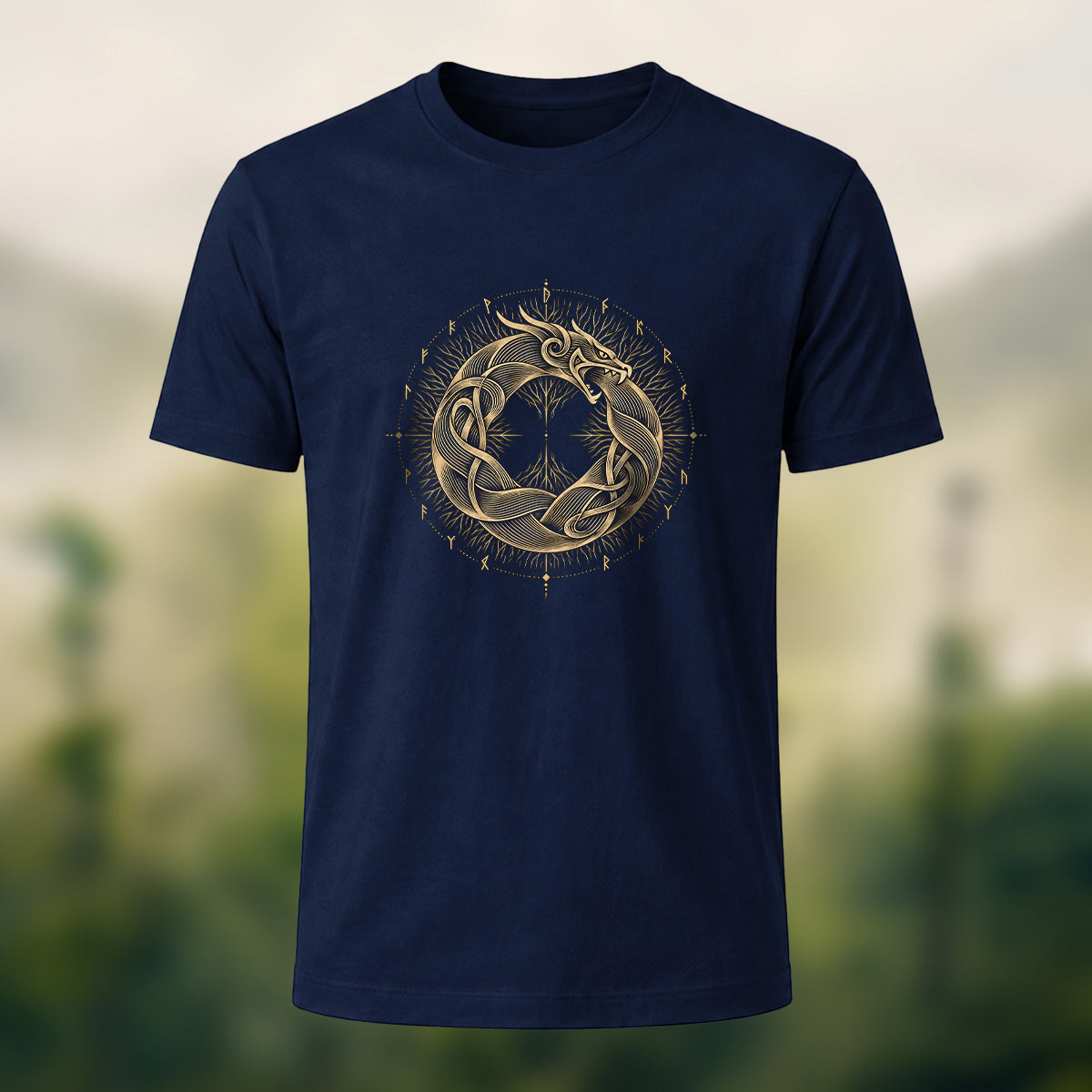 Viking Dragon Print Casual Cotton T-Shirt Navy