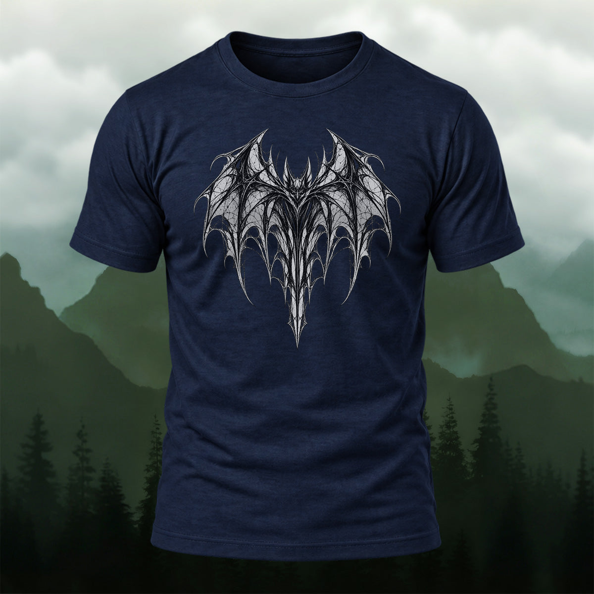 Dark Ornate Winged Combed Cotton T-Shirt Navy