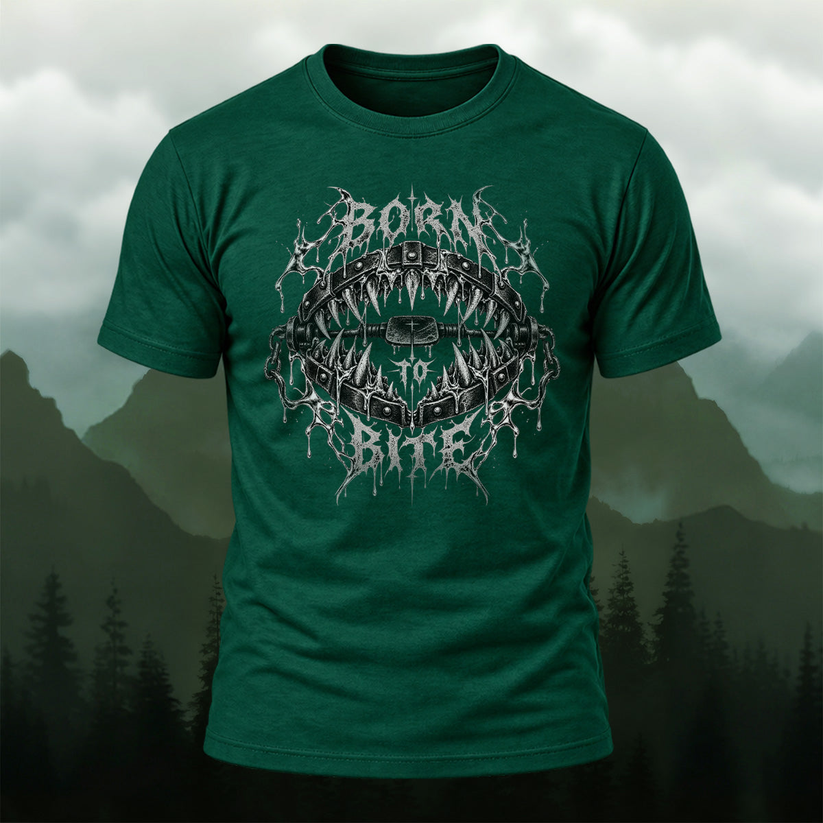 Dark Metallic Fang Trap Combed Cotton T-Shirt Forest Green