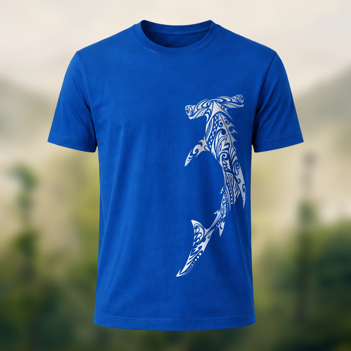 Tribal Shark Print Casual Cotton T-Shirt Royal Blue