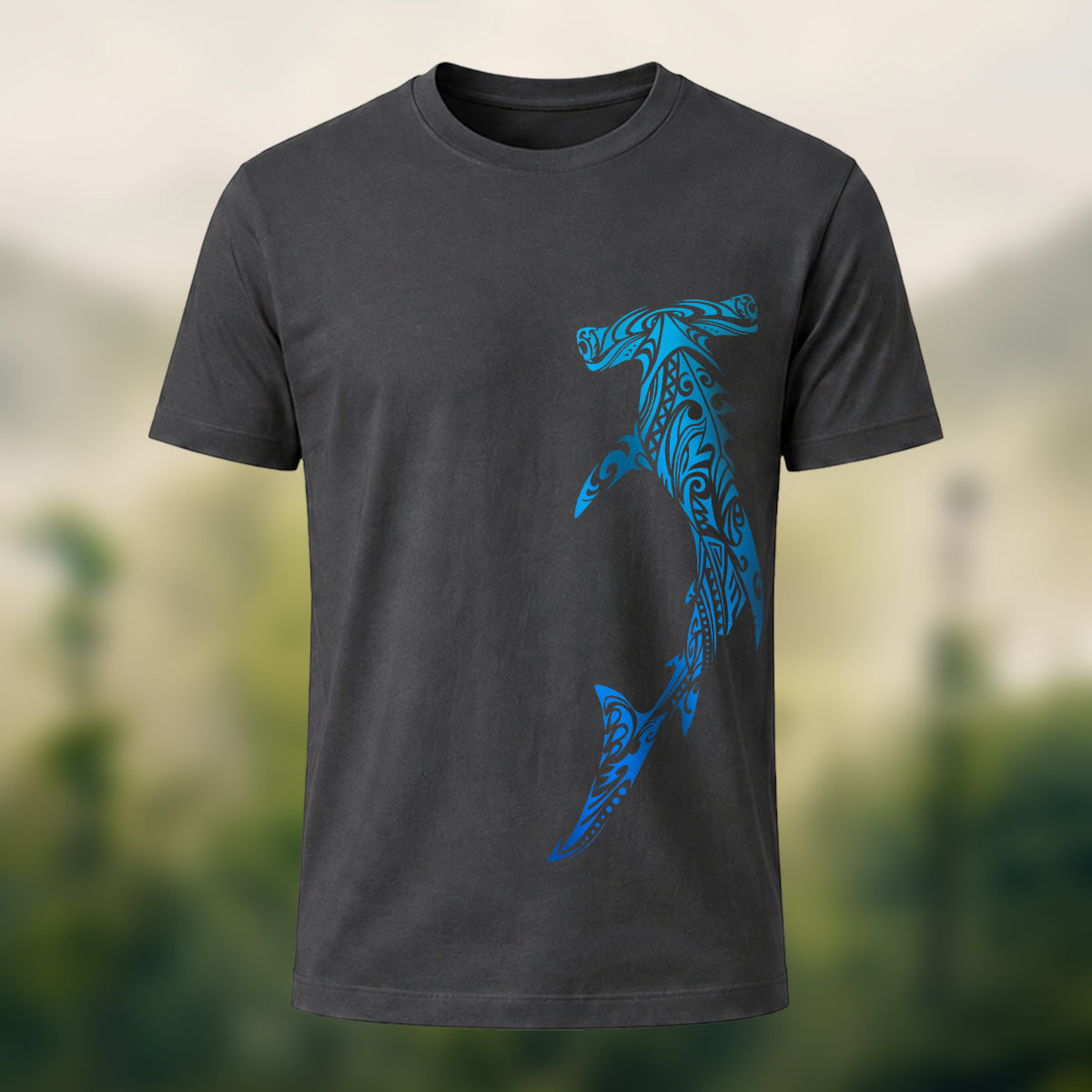 Tribal Shark Print Casual Cotton T-Shirt Charcoal