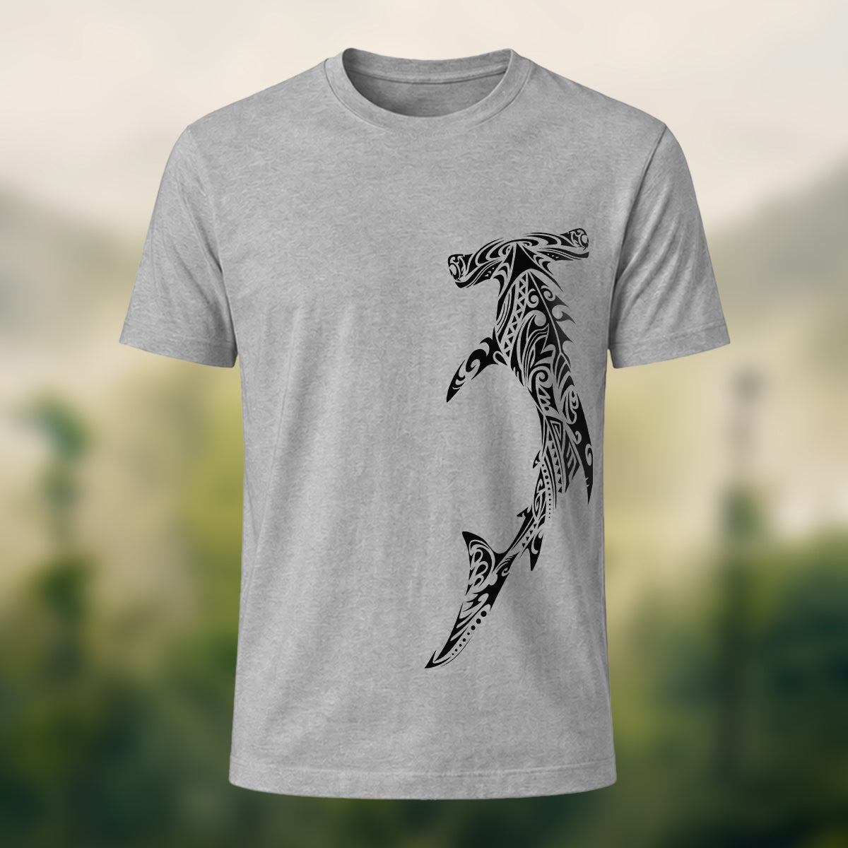 Tribal Shark Print Casual Cotton T-Shirt Heather Grey