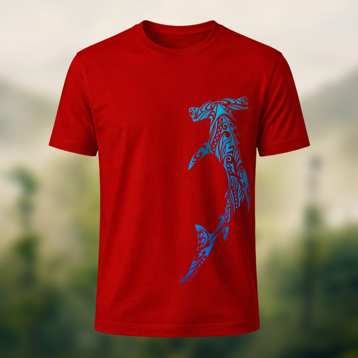 Tribal Shark Print Casual Cotton T-Shirt Red